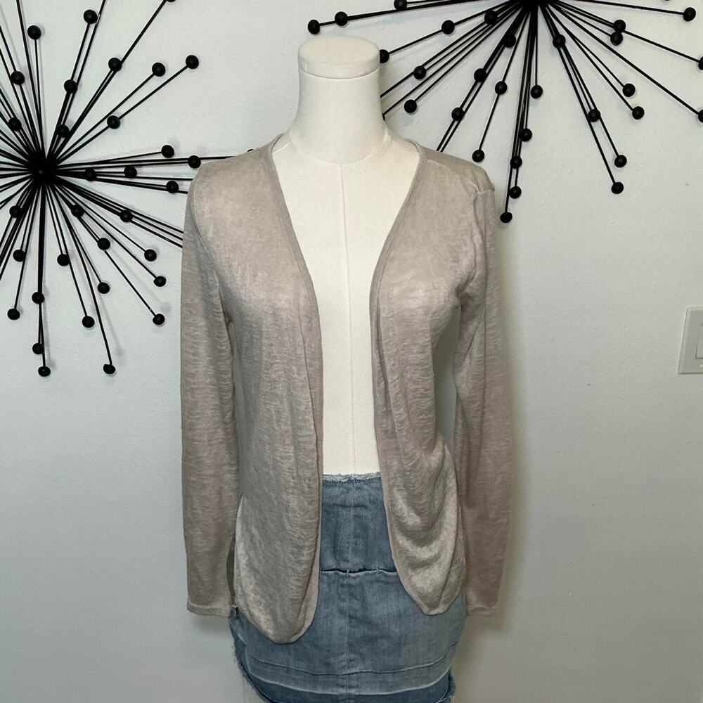 Elena Baldi Italy Linen Blend Open Front Cardigan Sheer Ruffle Back Beige Large